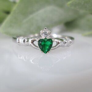 Claddagh Ring>Tiny Sterling Silver Emerald Claddagh Ring,Emerald Claddagh Ring